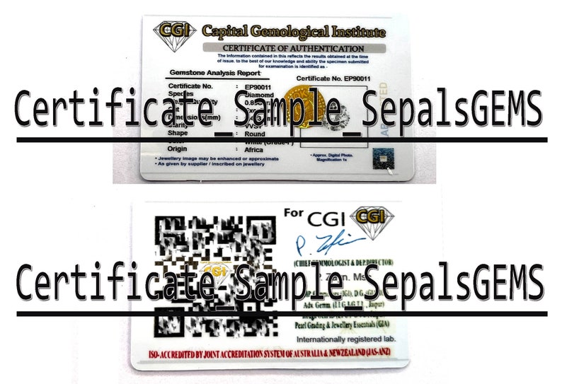 May include: A white certificate with a black border and the text "Capital Gemological Institute" and "Certificate of Authentication". The certificate is for a diamond and includes the certificate number EP90011. The certificate is ISO-accredited by the Joint Accreditation System of Australia and New Zealand (JAS-ANZ).