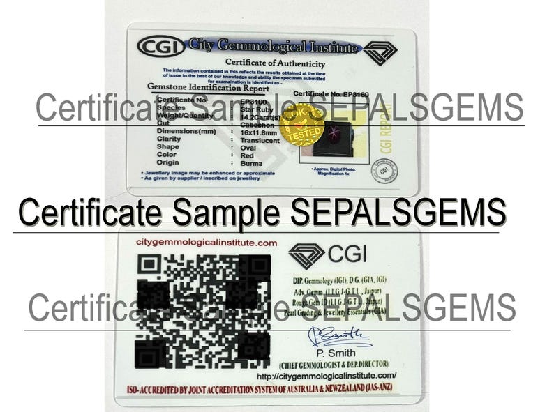 May include: Two white certificates from the City Gemmological Institute. The top certificate details a Star Ruby, including its dimensions of 16x11.8mm. The bottom certificate includes a QR code and the website citygemmologicalinstitute.com.