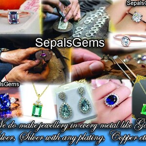 May include: A collage of images showcasing custom jewellery making. The images show various stages of the jewellery making process, including setting gemstones, polishing, and finished pieces. The text "SepalsGems" appears multiple times in the image. The text "We do make jewellery in every metal like Gold, Silver, Silver with any plating, Copper etc." appears at the bottom of the image.