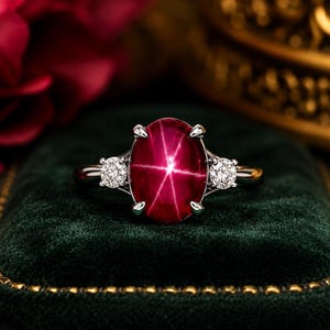 May include: A silver ring featuring a large, oval-cut, deep red star ruby as the centre stone. The ruby displays a distinct six-rayed star effect. Two small, round, brilliant-cut white diamonds are set on either side of the central ruby.