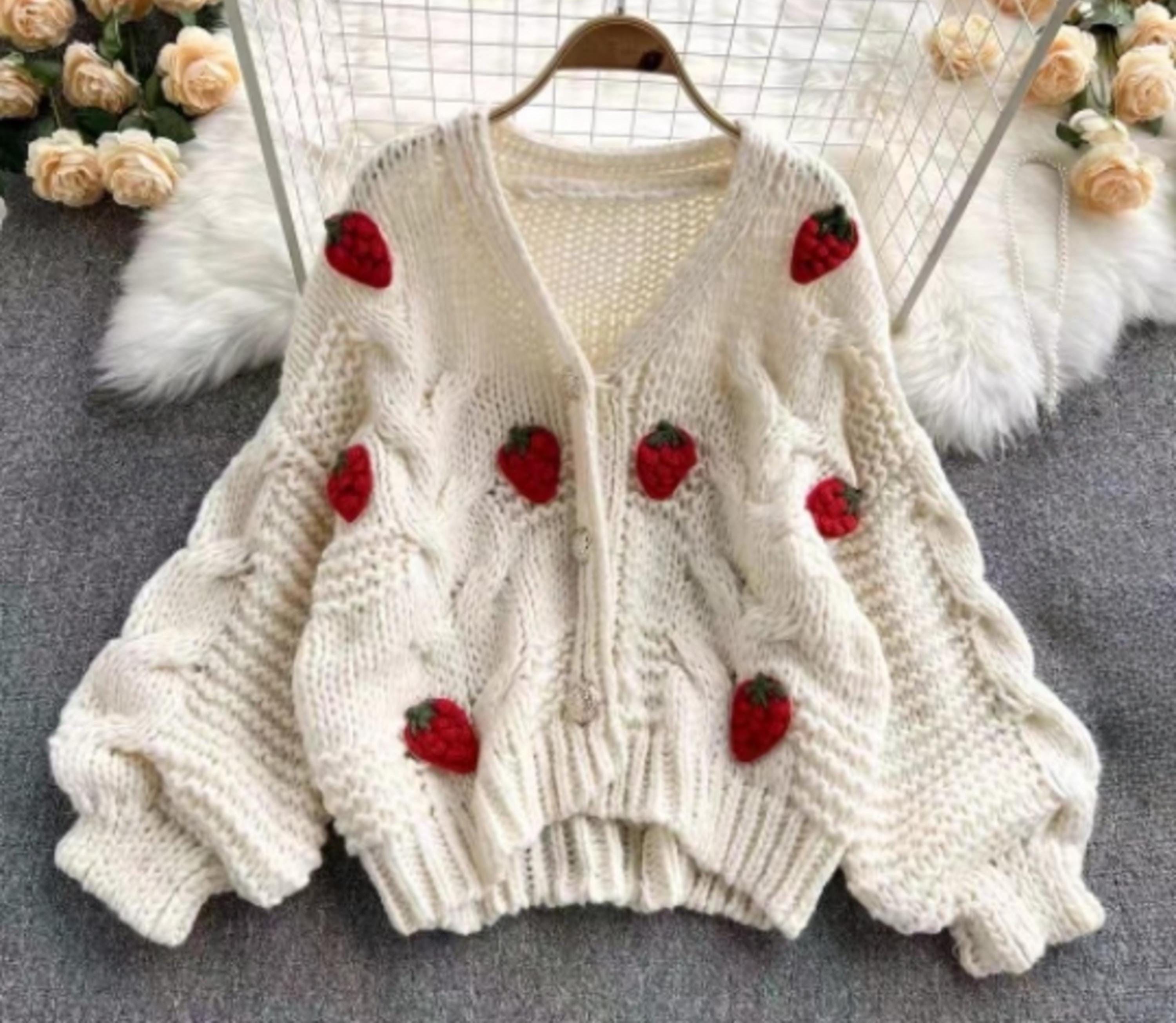 Strawberry Cardigan, Women's Cardigan, Knitted Cardigan, Strawberry Sweater, Cardigan For Women, Strawberry Knitted Cardigan, 90's Cardigan