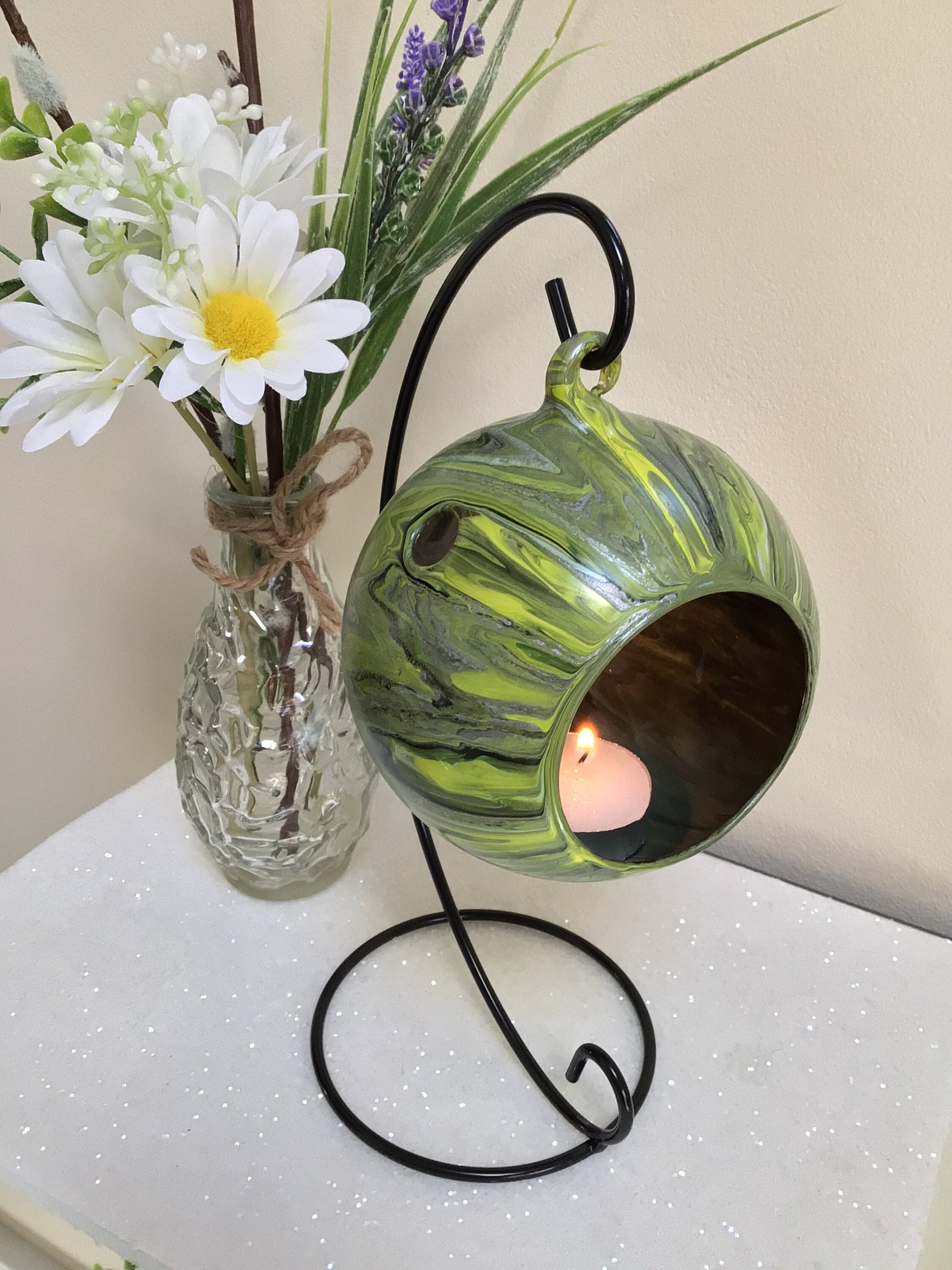 Hand painted glass hanging tea light holder candle bauble Etsy