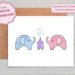Inclusief 9 variaties afdrukbare kaart voor babyshower, verwachten, zwanger of adopterend cadeau, 5x7 inch, schattige olifant nieuwe familie