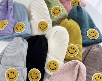 Smiling Face Warme Strickmütze, Süße lässige Beanie Mütze für Herbst und Winter, Unisex Beanie, warme winddichte Mütze, Outdoor Mütze, Erwachsene Wollmütze