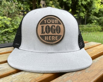 Custom Leather Patch TRUCKER Hats,  Personalized Logo or Text, Cattle tag Patch