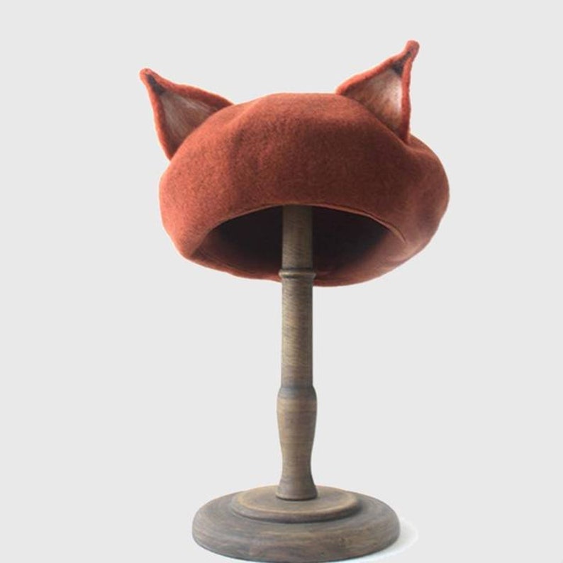 Fox Beret,Handmade Wool Fox Ears hat,Winter hat,Burnt Orange Winter Hat,Basque Beret Hat,Retro Accessory,Women/'s Gift
