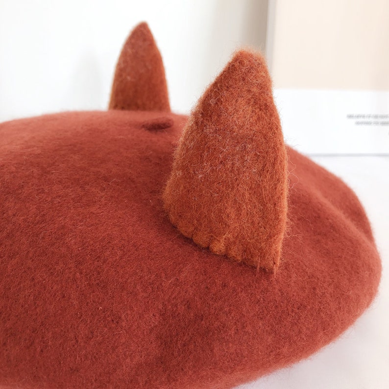 Fox Beret,Handmade Wool Fox Ears hat,Winter hat,Burnt Orange Winter Hat,Basque Beret Hat,Retro Accessory,Women/'s Gift