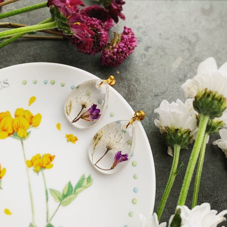 Nature inspired Resin Earrings With Pressed Flowers Real Pressed Flower Earrings Clear Drop Earrings