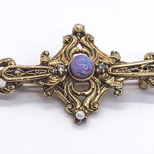 Vintage Jewelry- 1980s Filigree Pin With Art Glass Opal Center and Faux Seed Pearls- Gold Pin