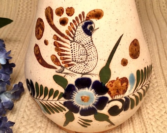 Charming Hand Painted Mexican Tonala Pitcher: Floral Bird Design