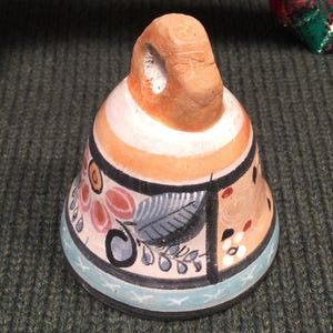 Hand Painted Mexican Folk Art Pottery Bell made in Tonala Mexico