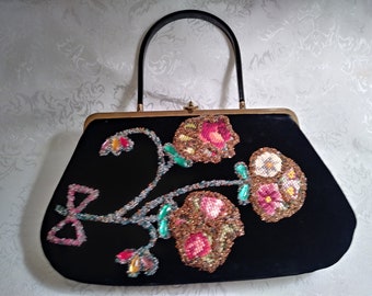 Classic black velvet 1950's purse by Llewellyn Lewsid Jewel Co. with Floral Petit Point, Incandescent beads and Faceted Plastic Jewels
