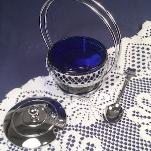 Vintage English Made Chrome and Cobalt Glass Condiment Server