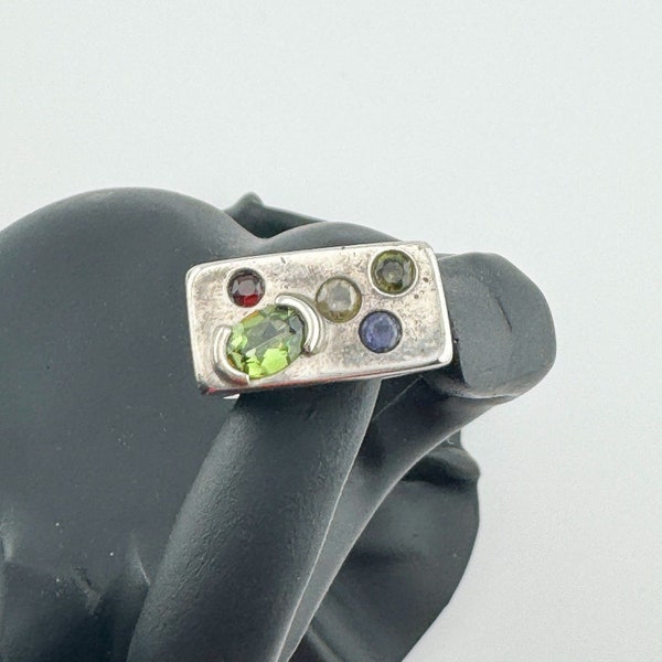 Vintage Multi-Stone Peridot 925 Sterling Silver Ring Unisex Brutalist Handmade