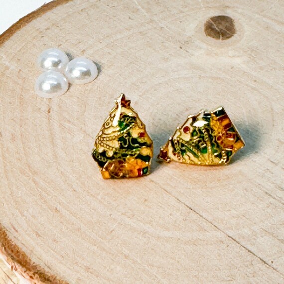 Christmas Tree Earrings Gold Green Red Holiday Ce… - image 1