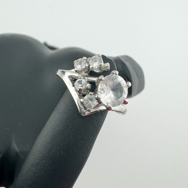 Vintage Sterling Silver White Sapphire Cluster Ring Cocktail Retro Formal Bling