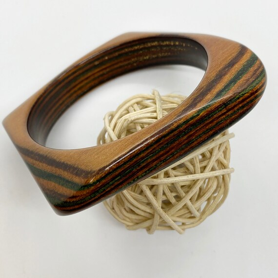 Vintage Square Carved Wooden Bangle Bracelet Gree… - image 3