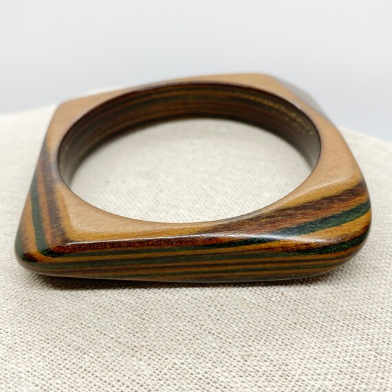 Vintage Square Carved Wooden Bangle Bracelet Gree… - image 4