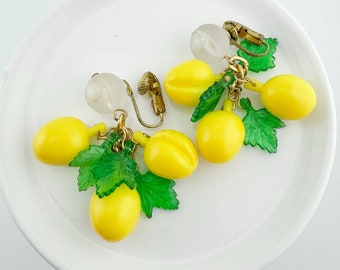 Vintage Lucite Lemon Clip-On Earrings Bunch Dangle Drop Yellow Fruit Retro