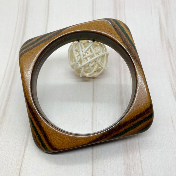 Vintage Square Carved Wooden Bangle Bracelet Gree… - image 2