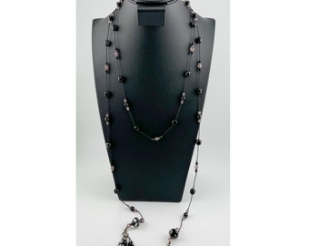 Vintage Lariat Necklace Black Pink Beads Glam Sparkle Boho Goth Luxury Versatile