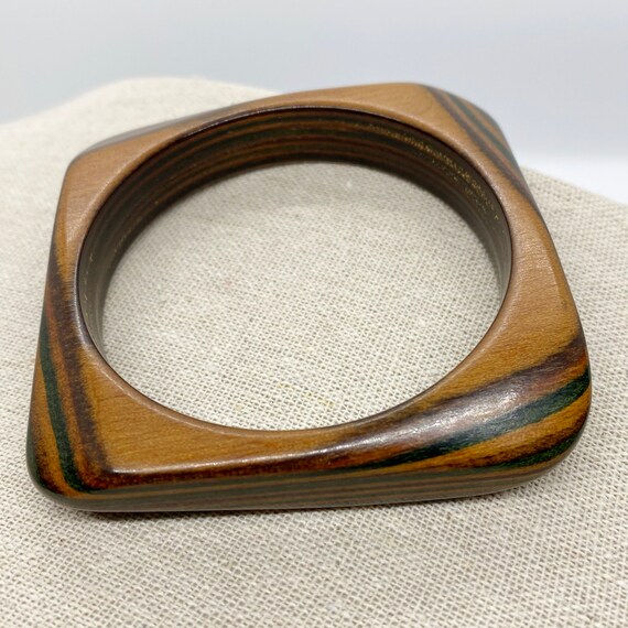 Vintage Square Carved Wooden Bangle Bracelet Gree… - image 5