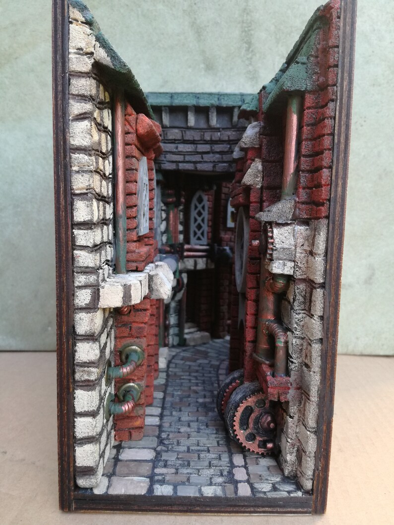 Book Nook Shelf Insert. Steampunk Victorian Alley. CUSTOM
