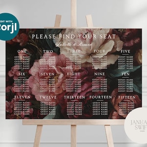 May include: A wedding seating plan with a floral design, featuring the text "PLEASE FIND YOUR SEAT" and the names "Juliette & Romeo." The chart has a dark background with large, pink and burgundy flowers. Each section is numbered with space for guest names.