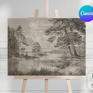 Puede incluir: Un plano de asientos de boda en tonos sepia con una ilustración de paisaje. El texto dice "Our Favourite People" y enumera los números de mesa y los nombres de los invitados. El logotipo de Canva es visible.