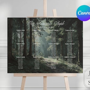 Puede incluir: Un plano de asientos de boda en un caballete, con un fondo de bosque. El texto dice "Our Favourite People" y enumera las asignaciones de mesa. El logotipo de Canva está en la esquina superior derecha. Tema: boda rústica.