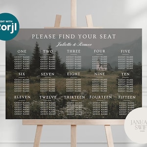 Puede incluir: Un plano de asientos de boda con un fondo de paisaje. El gráfico está etiquetado como "PLEASE FIND YOUR SEAT" e incluye secciones de nombres de invitados numeradas del uno al quince. El diseño presenta el texto "Juliette & Romeo" y el logotipo "January Swift Studio".