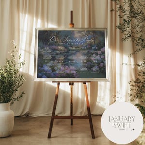 May include: A wooden easel supporting a framed seating plan. The chart reads "Our Favorite People" and "Your Seat Awaits." Names are listed under numbers one to ten. The background is a floral design with a soft, dreamy aesthetic.