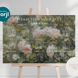 May include: A floral wedding seating plan. The sign displays the text "PLEASE FIND YOUR SEAT" and the names "Juliette & Romeo." It is divided into fifteen sections, each with space for guest names, numbered one to fifteen.