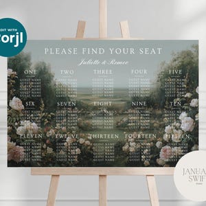 May include: A wedding seating plan with a landscape backdrop and floral details. The chart is split into fifteen sections, each numbered and with space for guest names. The text "PLEASE FIND YOUR SEAT" is at the top.