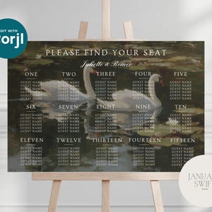 May include: A wedding seating plan displayed on an easel, featuring a swan painting. The text "PLEASE FIND YOUR SEAT" and guest names are included. The design is by January Swift Studio. Measurements are in cm.