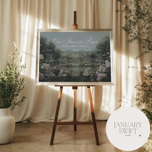 May include: A wedding seating plan displayed on a wooden easel. The sign reads "Our Favorite People" and "Your Seat Awaits." The design includes floral elements and guest names. The easel is made of brown wood and is set against a neutral background.
