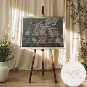 May include: A wooden easel supports a floral seating chart with the text "Our Favourite People" and "Your Seat Awaits." The chart has names under numbers one to ten. The easel is positioned in front of a cream-coloured curtain.