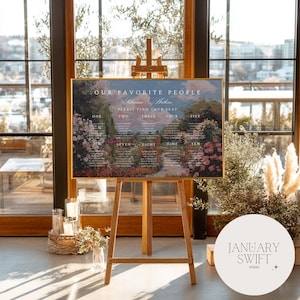 May include: A wooden easel supports a framed seating plan with a floral garden design. The sign reads "OUR FAVORITE PEOPLE" and "PLEASE FIND YOUR SEAT." The artwork depicts a garden scene with names listed under numbers. The easel is positioned in front of a large window.