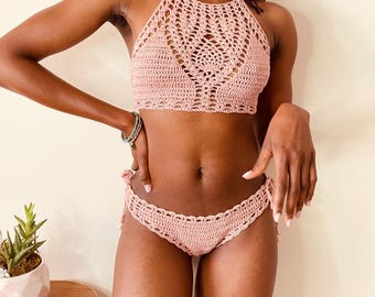 Handmade Crochet Halter Bikini Set – Soft Blush Pink | Boho Beachwear | Festival Ready