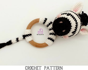 CROCHET PATTERN Zoey the Zebra amigurumi teether rattle toy pattern, handmade newborn baby shower gift, PDF pattern & photo tutorial