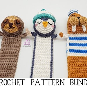 CROCHET PATTERN BUNDLE sloth penguin walrus, amigurumi crochet bookmark pdf pattern, handmade gift for book lovers