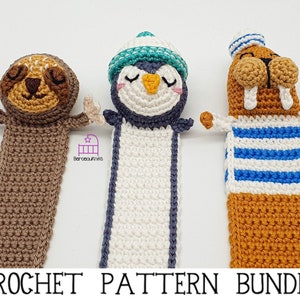 CROCHET PATTERN BUNDLE sloth penguin walrus, amigurumi crochet bookmark pdf pattern, handmade gift for book lovers