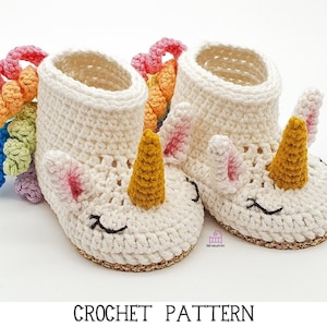 CROCHET PATTERN Unicorn Baby Booties, Una the Unicorn (4 sizes - newborn, 0-3m, 3-6m, 6-9m) amigurumi baby shower magical cotton slippers