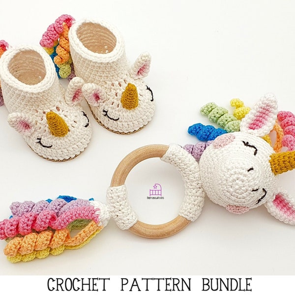 CROCHET PATTERN BUNDLE Una the Unicorn amigurumi teether rattle toy and booties, unicorn magical cotton slippers, newborn baby shower gift