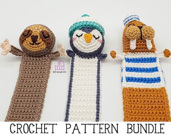 May include: Crochet pattern bundle featuring three adorable animal bookmark designs: a sloth, a penguin, and a walrus. Each bookmark is crocheted in a variety of colors and textures, making them perfect for adding a touch of whimsy to any book.