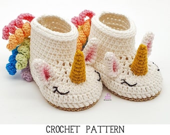 CROCHET PATTERN Unicorn Baby Booties, Una the Unicorn (4 sizes - newborn, 0-3m, 3-6m, 6-9m) amigurumi baby shower magical cotton slippers