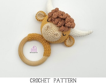 CROCHET PATTERN Henrietta the Highland Cow amigurumi teether rattle toy pattern, handmade newborn baby shower gift, PDF pattern & photo