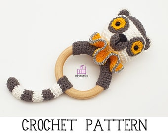 CROCHET PATTERN Lily the Lemur amigurumi teether rattle toy pattern, Madagascar lemur teething ring, handmade baby shower gift tutorial