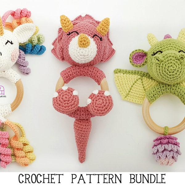 Pacote de padrões de crochê unicórnio dinossauro dragão mágico best-sellers crochê de animais amigurumi mordedor chocalho presente para chá de bebê recém-nascido