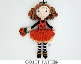 CROCHET PATTERN Penelope the Pumpkin Girl amigurumi plush doll gift, stuffed handmade toy, spooky halloween trick or treat crochet tutorial